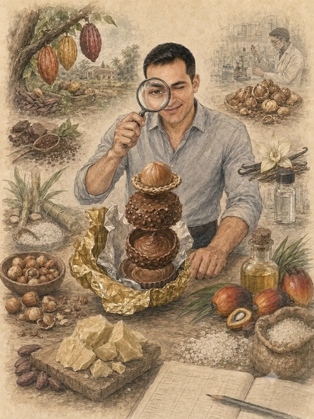 Ferrero Rocher ingredients revealed beneath gold wrapping in a hand drawn chocolate investigation
