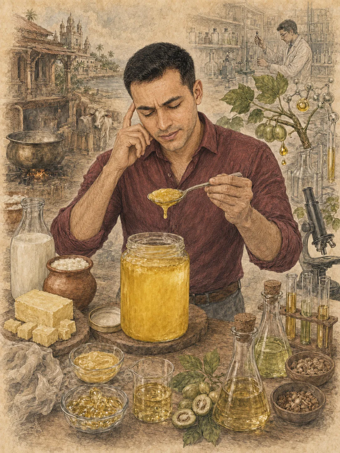 FSSAI ghee adulteration investigation comparing golden ghee with vegetable fats in a laboratory