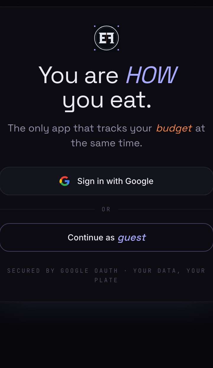 Edible Factor login screen: tracks your budget