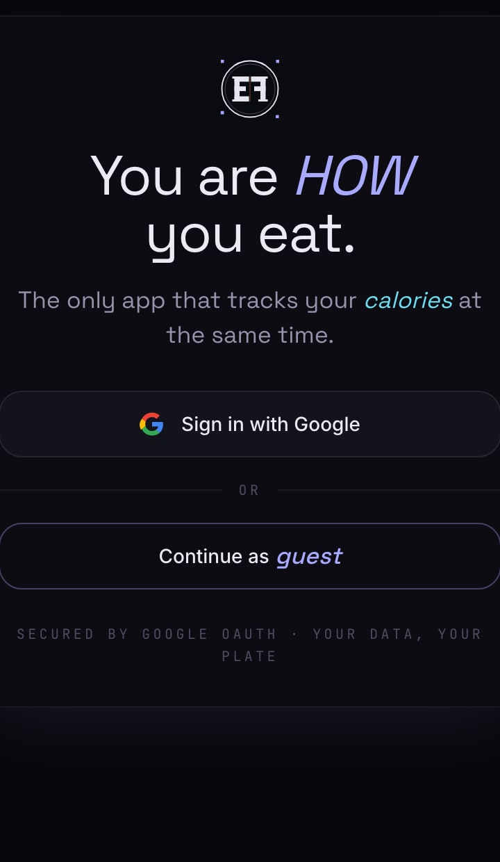 Edible Factor login screen: tracks your calories