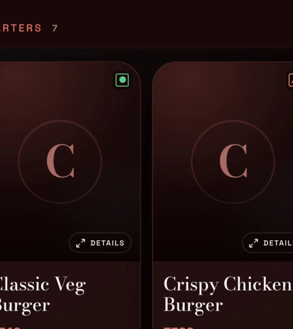 The Edible Factor menu at Ninan's Steakhouse: dishes on velvet cards, each with its price, shown in the app.