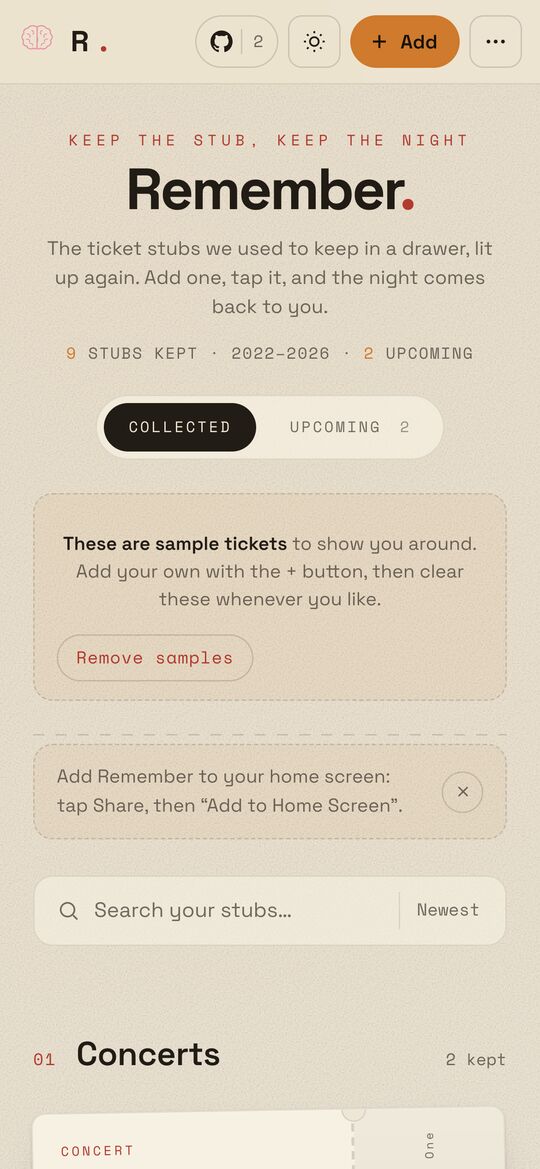 Remember., a ticket-stub collector, in light mode: a shelf of collected concert stubs.