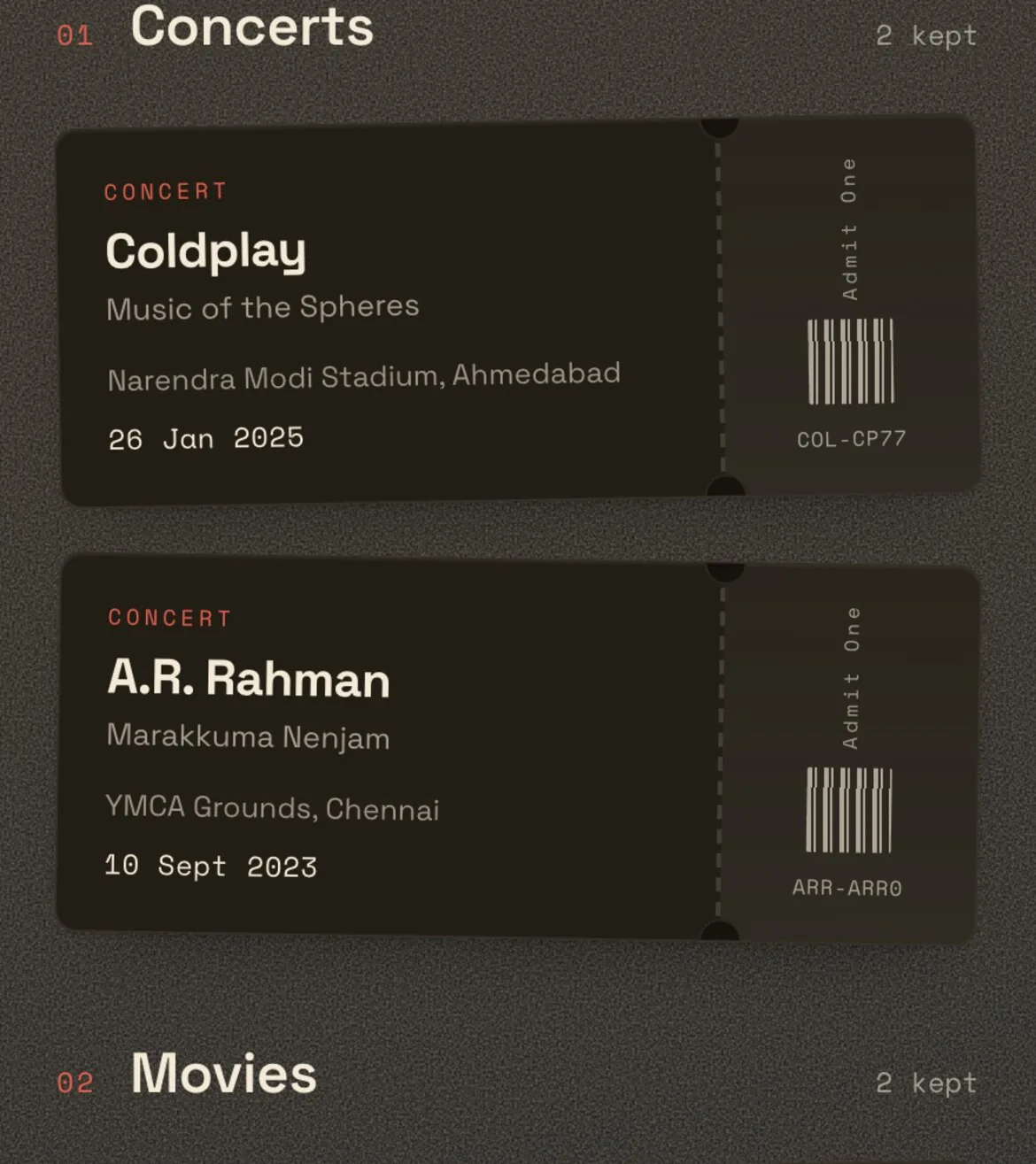 Remember., a shelf of collected concert ticket stubs.